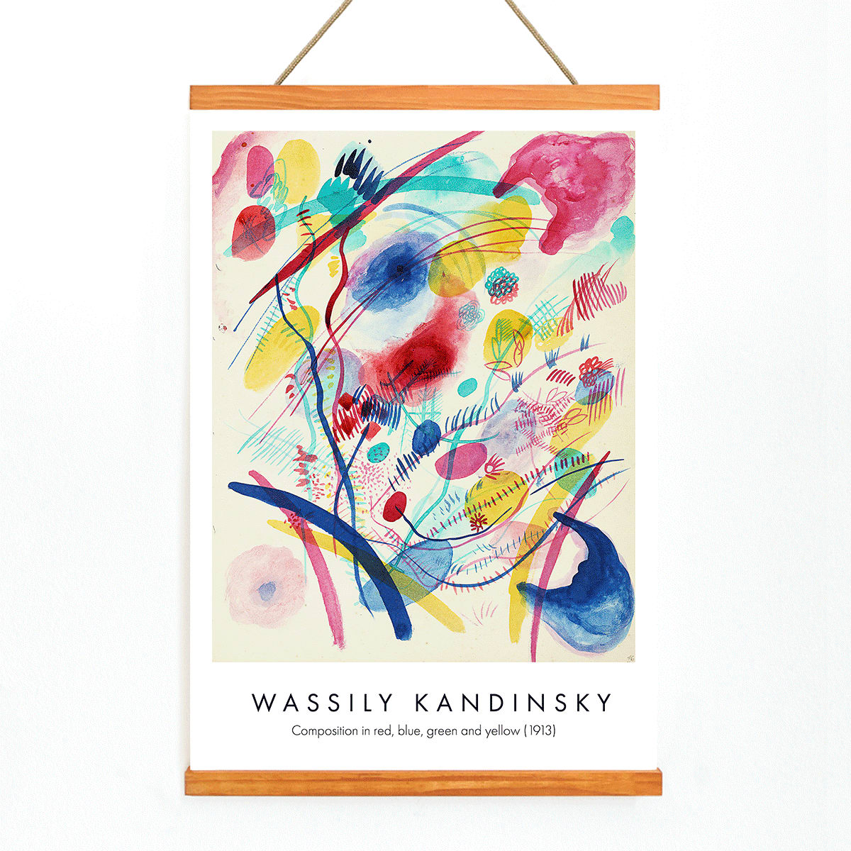 Abstract colorful painting and poster of abstract art with dynamic shapes and vivid red blue green and yellow brushstrokes by Wassily Kandinsky Composition in red blue green and yellow, with wooden magnetic frame on white background