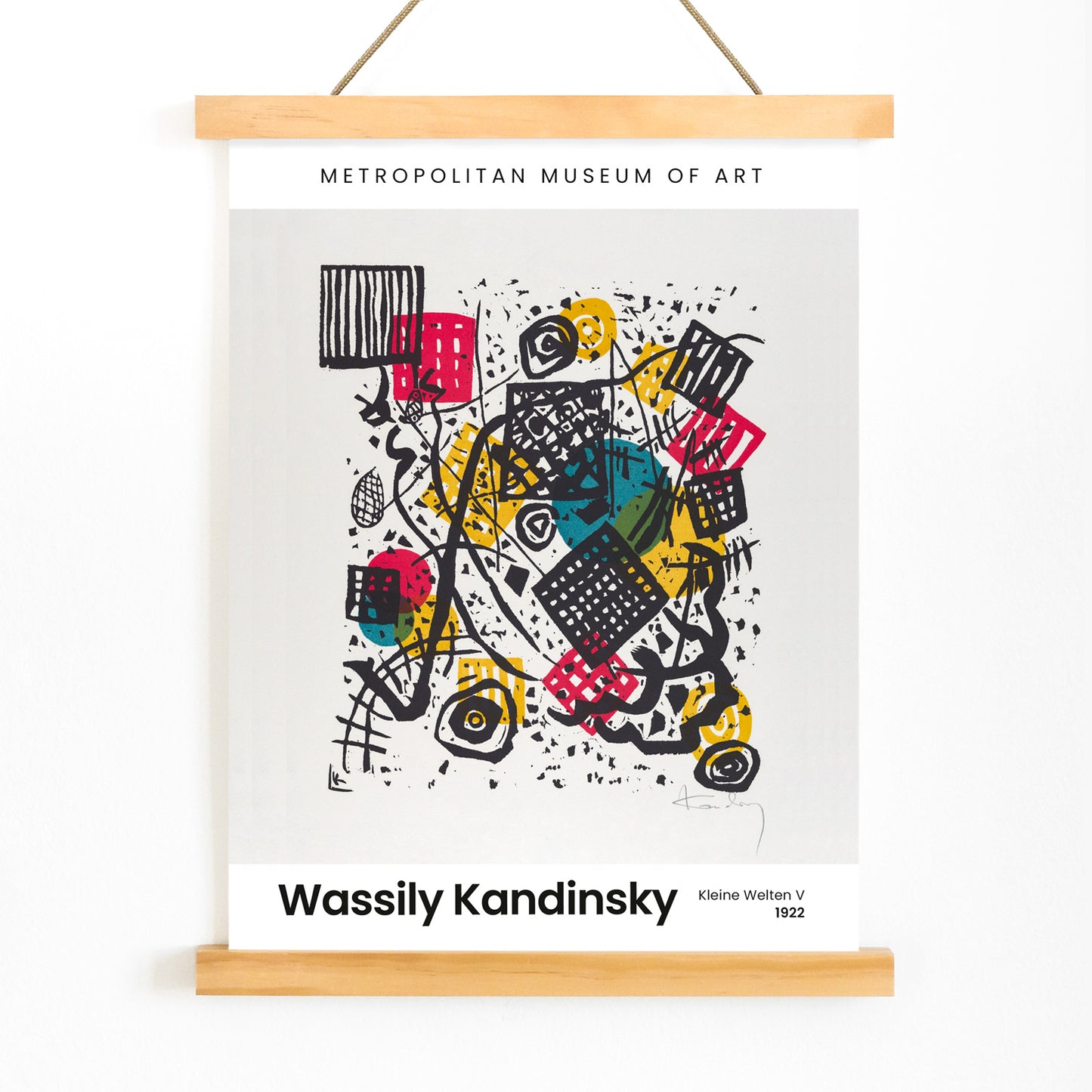 Abstract geometric composition with bold shapes and vibrant colors Kleine Welten V Small Worlds V by Wassily Kandinsky poster wall decor, with wooden magnetic frame on white background