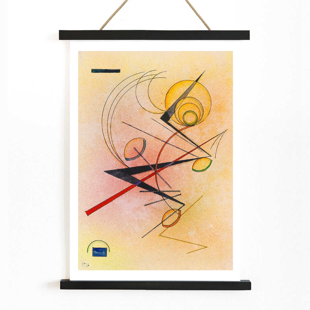 Abstract geometric poster with colored lines and shapes over a warm background by Wassily Kandinsky Kleines Warm, with wooden magnetic frame on white background