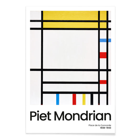 Abstract geometric painting Place de la Concorde by Piet Mondrian with bold black lines and blocks of red yellow and blue primary colors poster, with black aluminium frame on white background