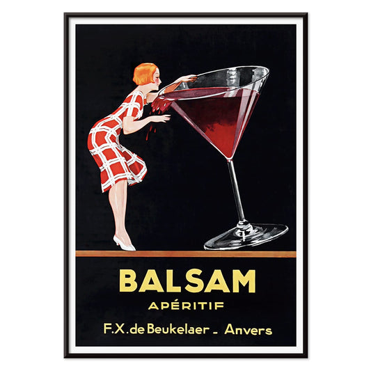 Balsam Aperitif poster by Jean d Ylen showing a woman sipping from a giant red cocktail glass vibrant vintage art, with black aluminium frame on white background