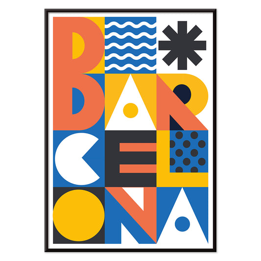 Minimalist Barcelona poster by Moryarty featuring bold geometric patterns vibrant colors and modern text design, with black aluminium frame on white background