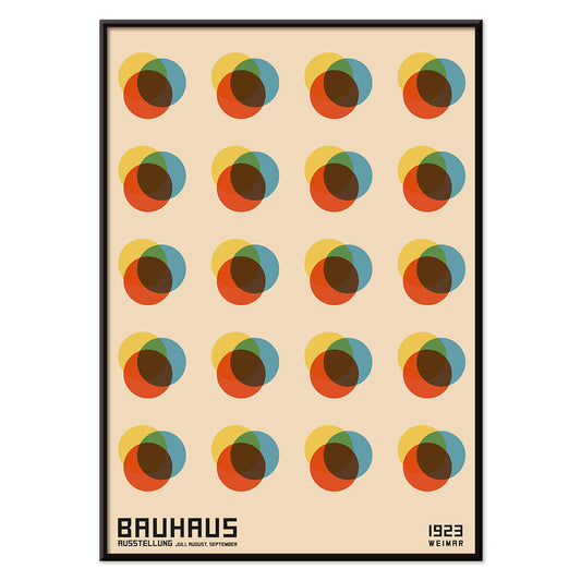 Bauhaus Poster 8 Inspired by the Weimar Exhibition with abstract colorful overlapping circles in a geometric grid pattern, with black aluminium frame on white background