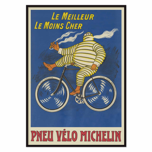 Marius Rossillon Michelin bicycle tire poster with striped cyclist riding bicycle on blue background with yellow text, with black aluminium frame on white background