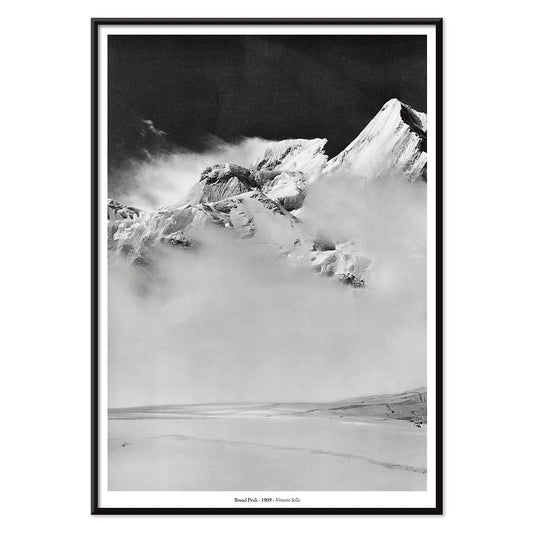 Broad Peak mountain view from Godwin-Austen Glacier snow-covered and obscured by clouds photo by Vittorio Sella, with black aluminium frame on white background
