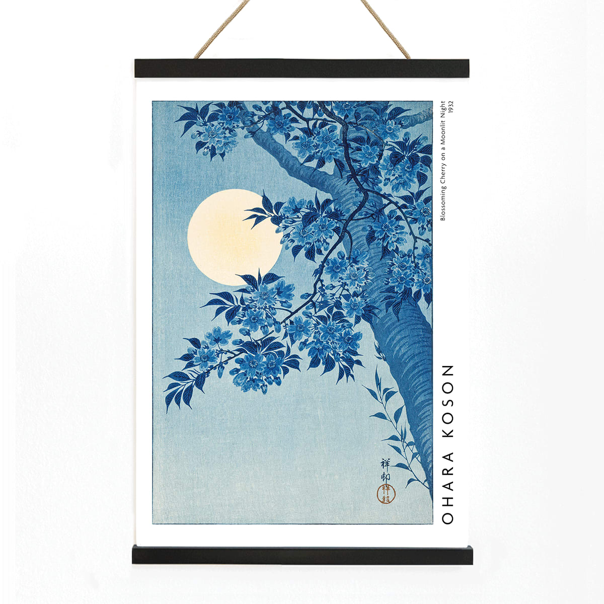 Cherry blossoms and full moon by Ohara Koson poster showing cherry tree in full bloom under moon Blossoming Cherry on a Moonlit Night, with wooden magnetic frame on white background