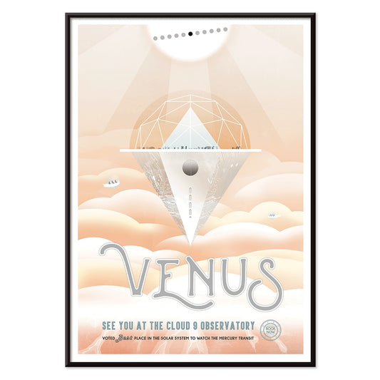 Futuristic observatory floating above orange Venus clouds artwork by NASA titled Venus Cloud 9 Observatory poster, with black aluminium frame on white background