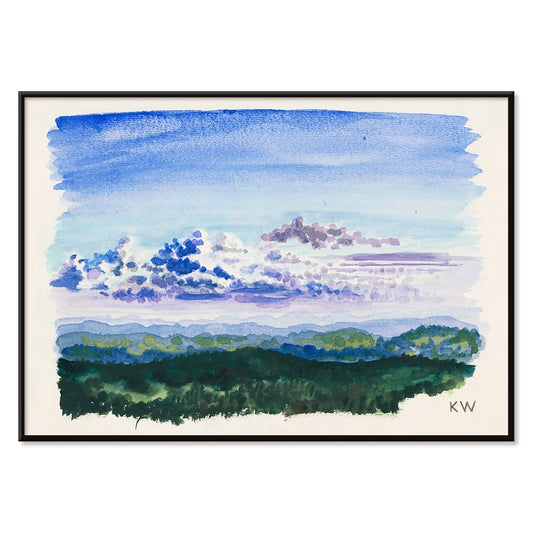 Watercolor landscape painting and abstract poster of blue sky and forest by Karl Wiener titled Naturstudie XXVII, with black aluminium frame on white background