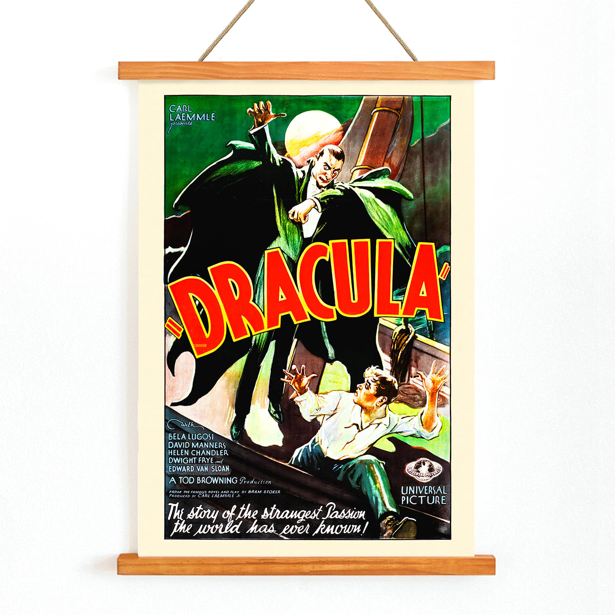 Dracula movie poster by artist showing a menacing Dracula in a green cloak pursuing a terrified man with a full moon in the background, with wooden magnetic frame on white background