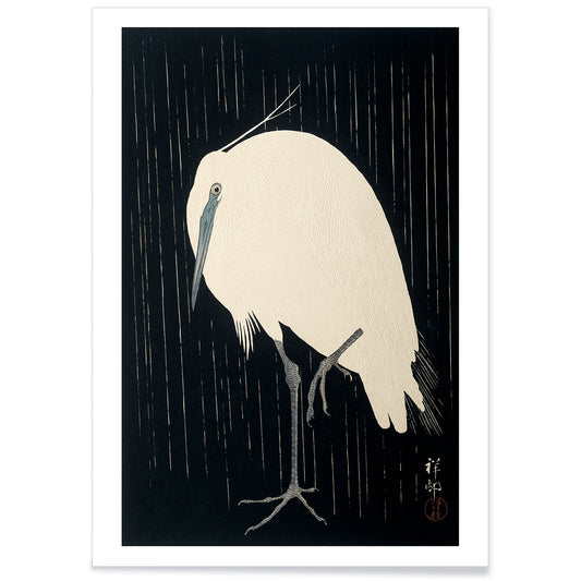 White egret standing in the rain art print poster with dark background by Ohara Koson, with black aluminium frame on white background