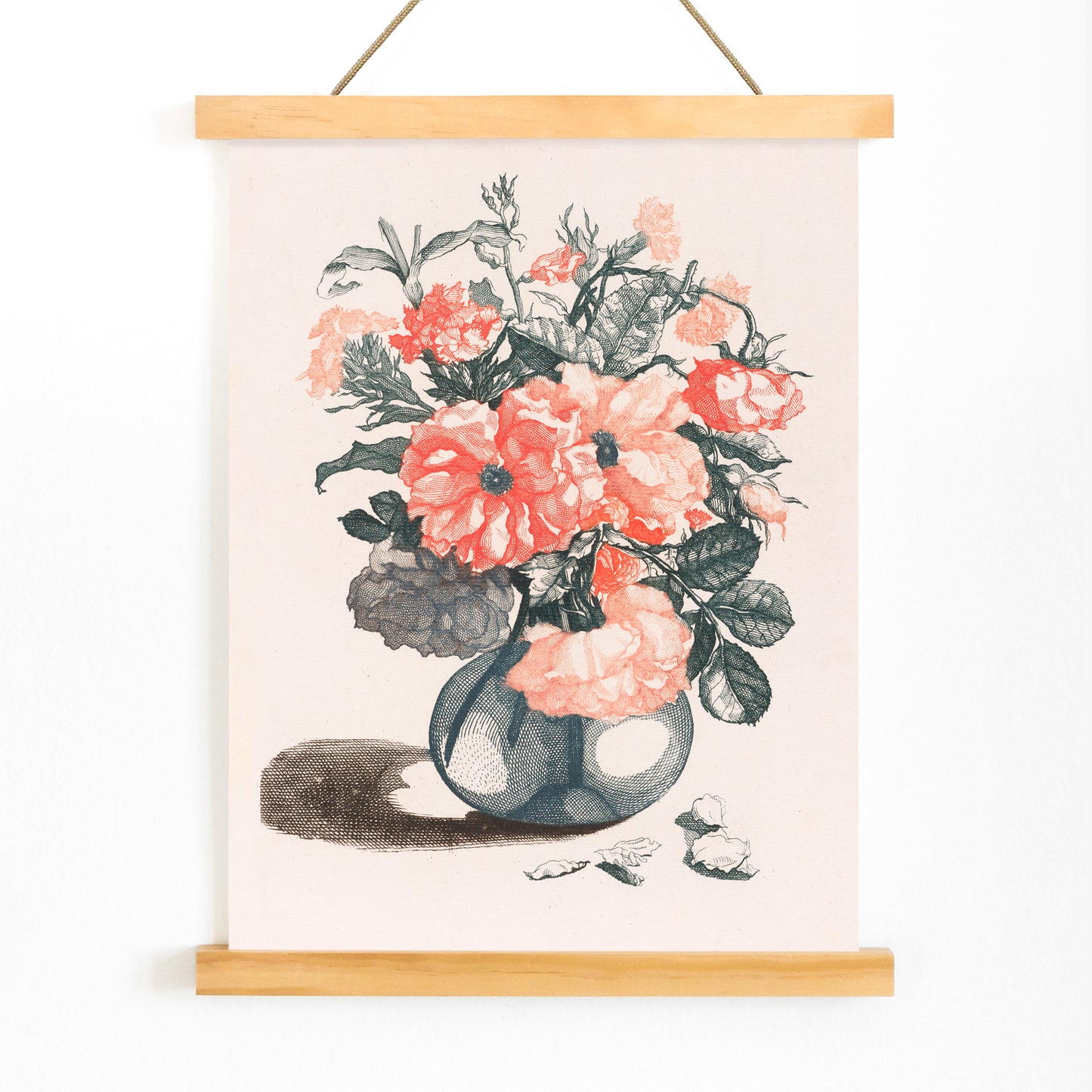 Glass vase with pink flowers and scattered petals still life poster inspired by Jean Baptiste Monnoyer, with wooden magnetic frame on white background