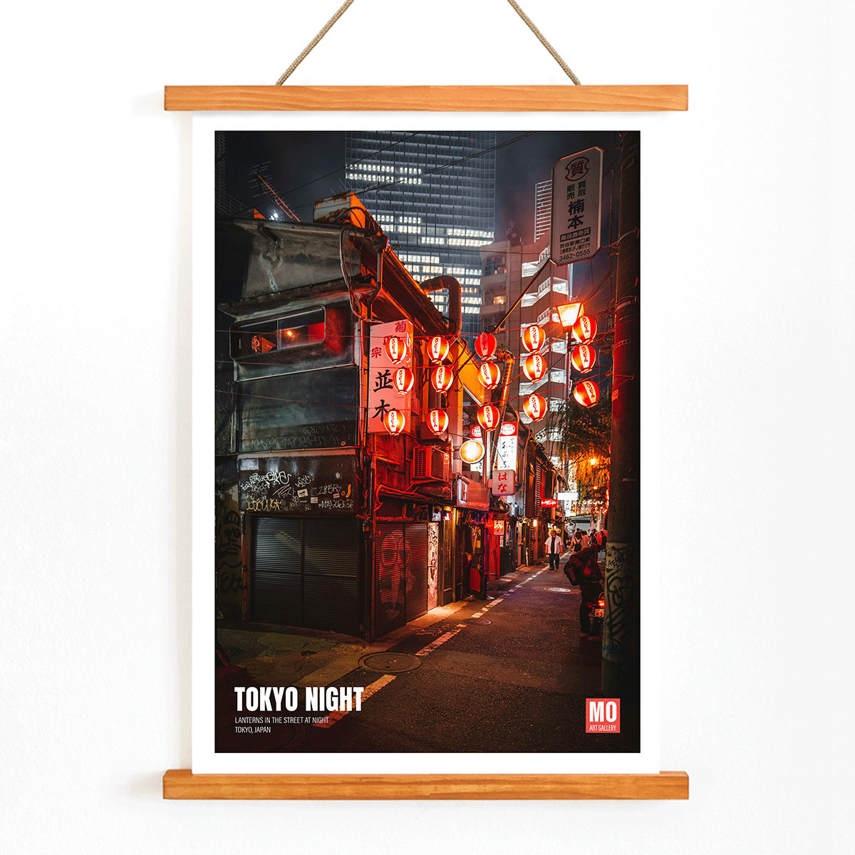 Vibrant Tokyo street at night with illuminated lanterns artwork titled Tokyo Night by Mo Art Gallery, with wooden magnetic frame on white background