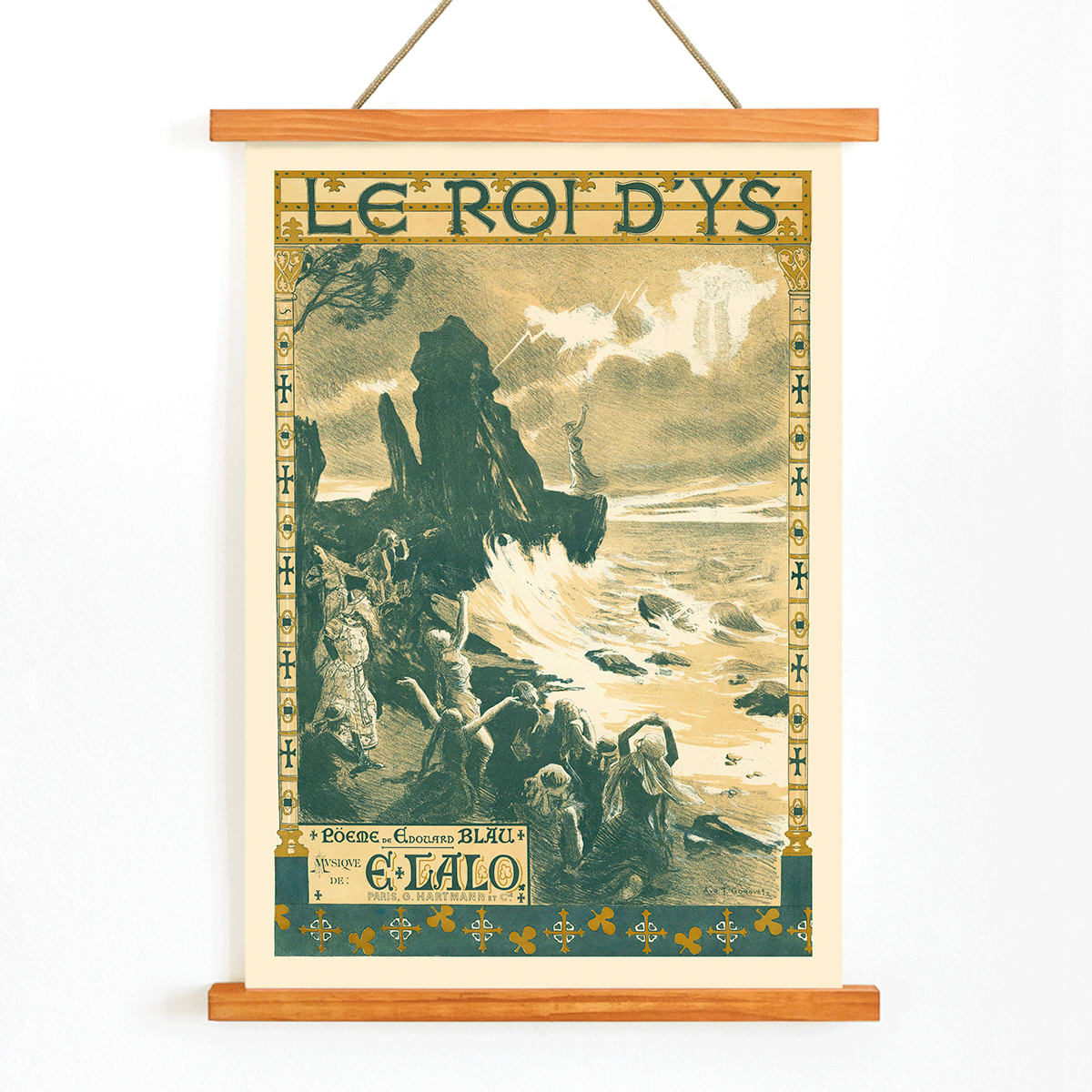 Poster of Edouard Lalo Le roi d Ys by Auguste Francois Marie Gorguet showing a dramatic seaside scene with stormy seas and people along the rocky shore, with wooden magnetic frame on white background