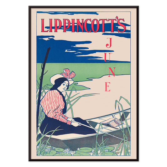 Woman boating on a serene river wearing a striped dress and hat surrounded by reeds and water lilies Lippincotts June by William Carqueville, with black aluminium frame on white background