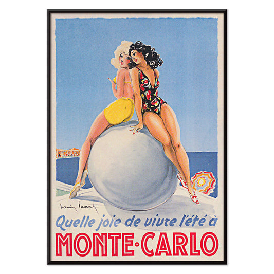 Monte Carlo artwork by Louis Icart showing two women in swimsuits sitting on a large ball at the beach poster, with black aluminium frame on white background