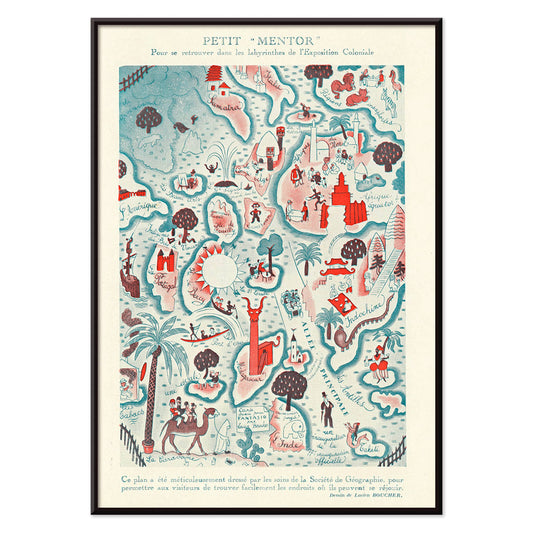 Colorful illustrated map poster Petit Mentor Carte de l exposition coloniale by Lucien Boucher featuring various regions and activities, with black aluminium frame on white background