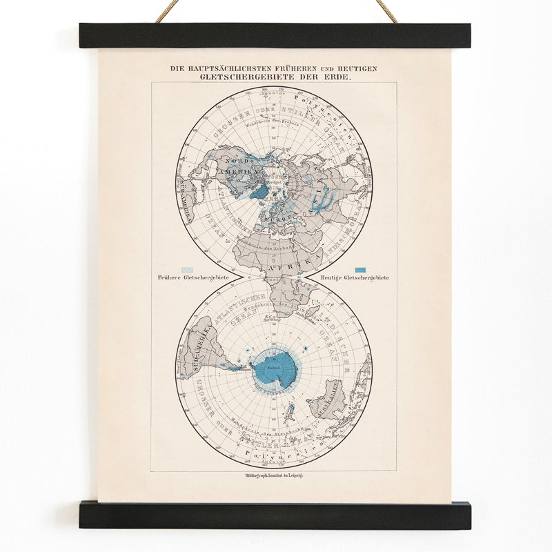 Vintage polar regions and glacier map illustrated artwork of Earth poles by Bibliographic institute of Liepzig, with wooden magnetic frame on white background