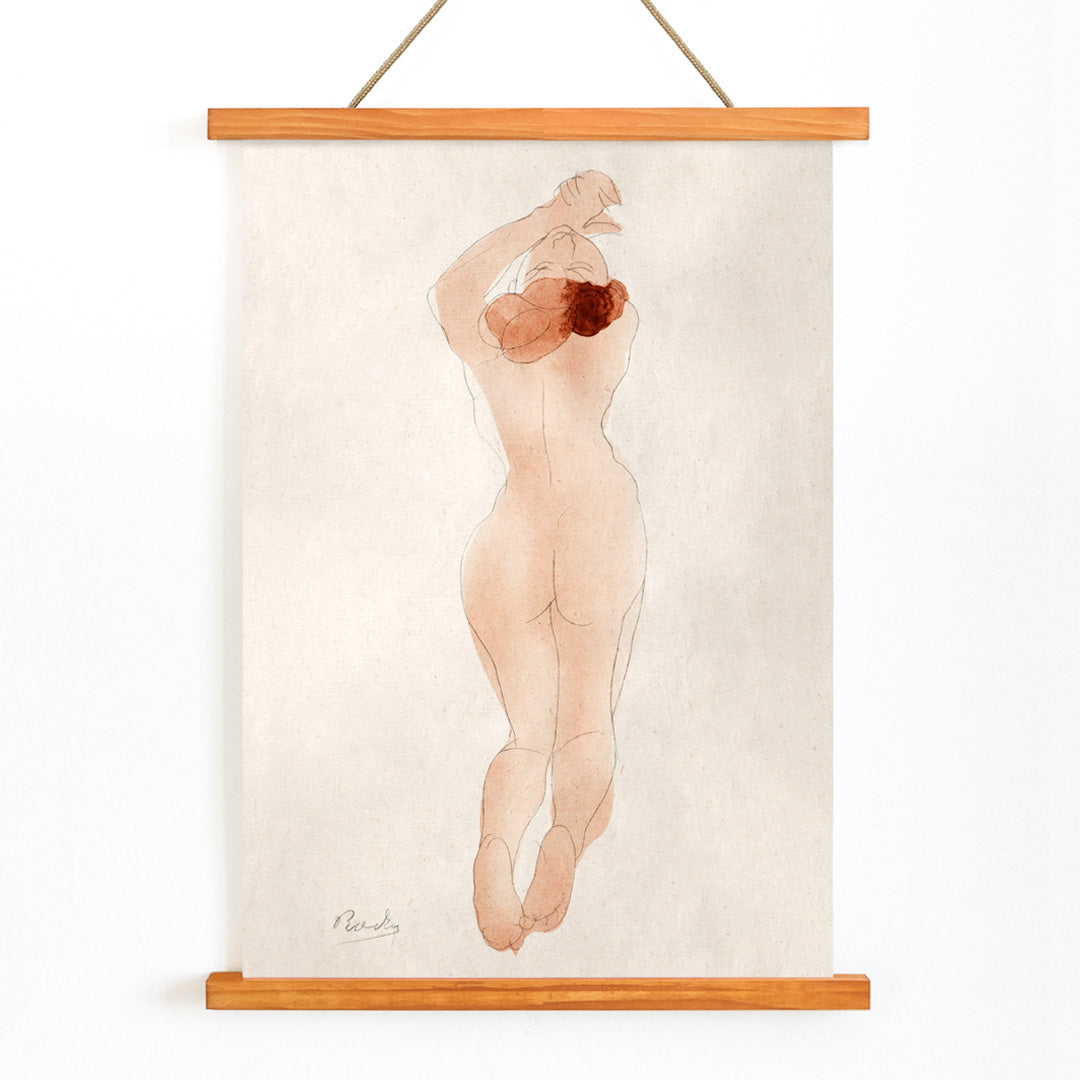 Watercolor sketch and poster of nude woman with red hair arms raised titled Caresse moi donc cheri by Auguste Rodin, with wooden magnetic frame on white background