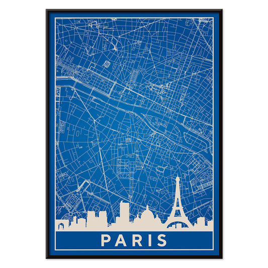 Minimalist Paris city map artwork and poster featuring detailed blue and white map with Eiffel Tower and prominent Paris landmarks, with black aluminium frame on white background