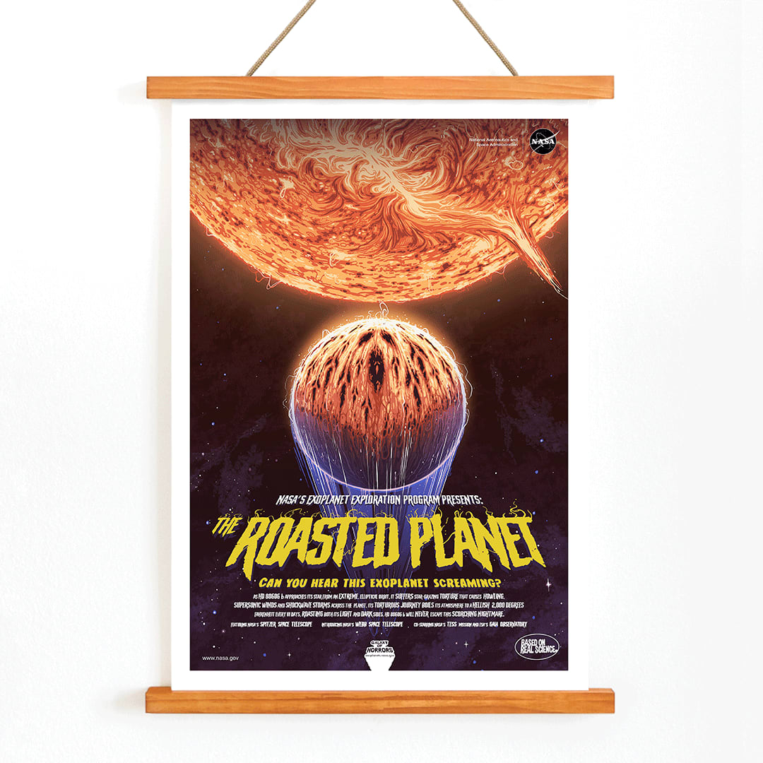 NASA poster of The Roasted Planet exoplanet being scorched by its star with vivid eruptions and a burning surface, with wooden magnetic frame on white background