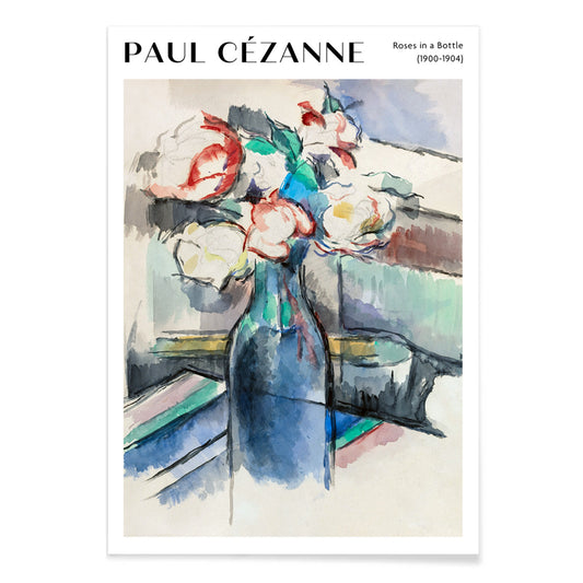 Still life painting of roses in a blue bottle by Paul Cezanne titled Roses in a Bottle watercolor art poster for art lovers, with black aluminium frame on white background
