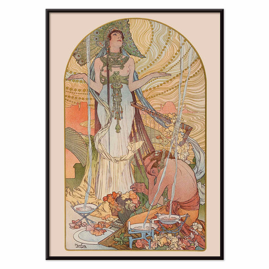 Alphonse Mucha Salammbô The Incantation Art Nouveau poster with ornate figure and flowing lines, with black aluminium frame on white background
