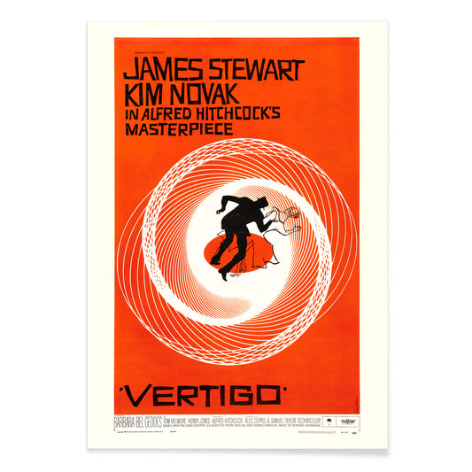 Vertigo movie poster by Saul Bass featuring vibrant orange background swirling spiral and silhouetted figures graphic design, with black aluminium frame on white background