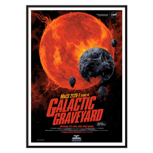 Fiery red star and dark planetary debris in space from Galactic Graveyard by NASA wall art poster for home decor, with black aluminium frame on white background