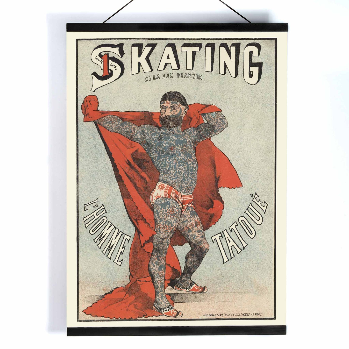 Emile Levy Skating de la Rue Blanche The Tattooed Man vintage lithograph poster with red drape, with wooden magnetic frame on white background