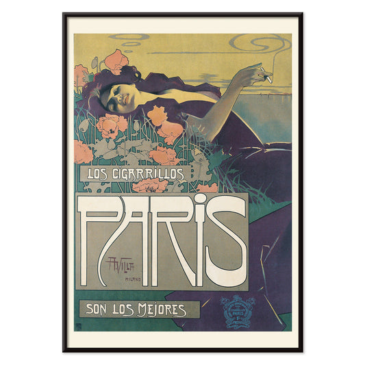 Reclining woman in a field with flowers smoking and advertising Cigarrillos Paris vintage poster artwork by Aleardo Villa, with black aluminium frame on white background