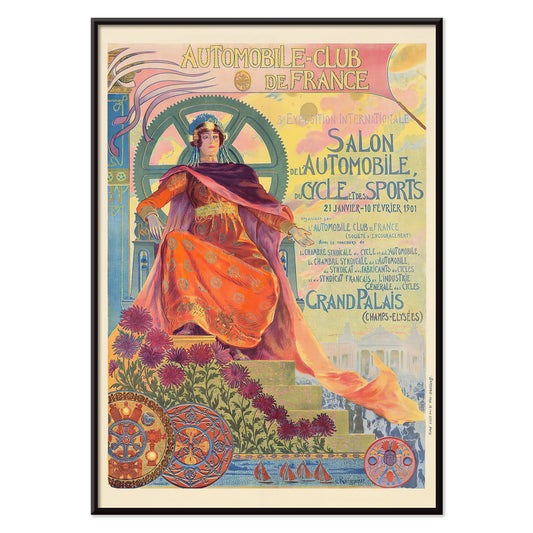 Art Nouveau poster of a regal woman with vibrant colors gears and flowers by Georges Antoine Rochegrosse for Automobile Club De France, with black aluminium frame on white background