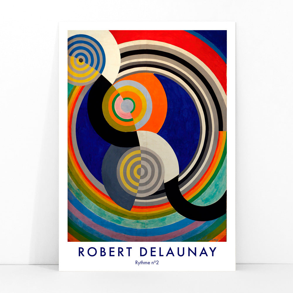 Colorful abstract concentric circles and curves painting poster Rythme n2 by Robert Delaunay, framed and displayed in modern living room decor