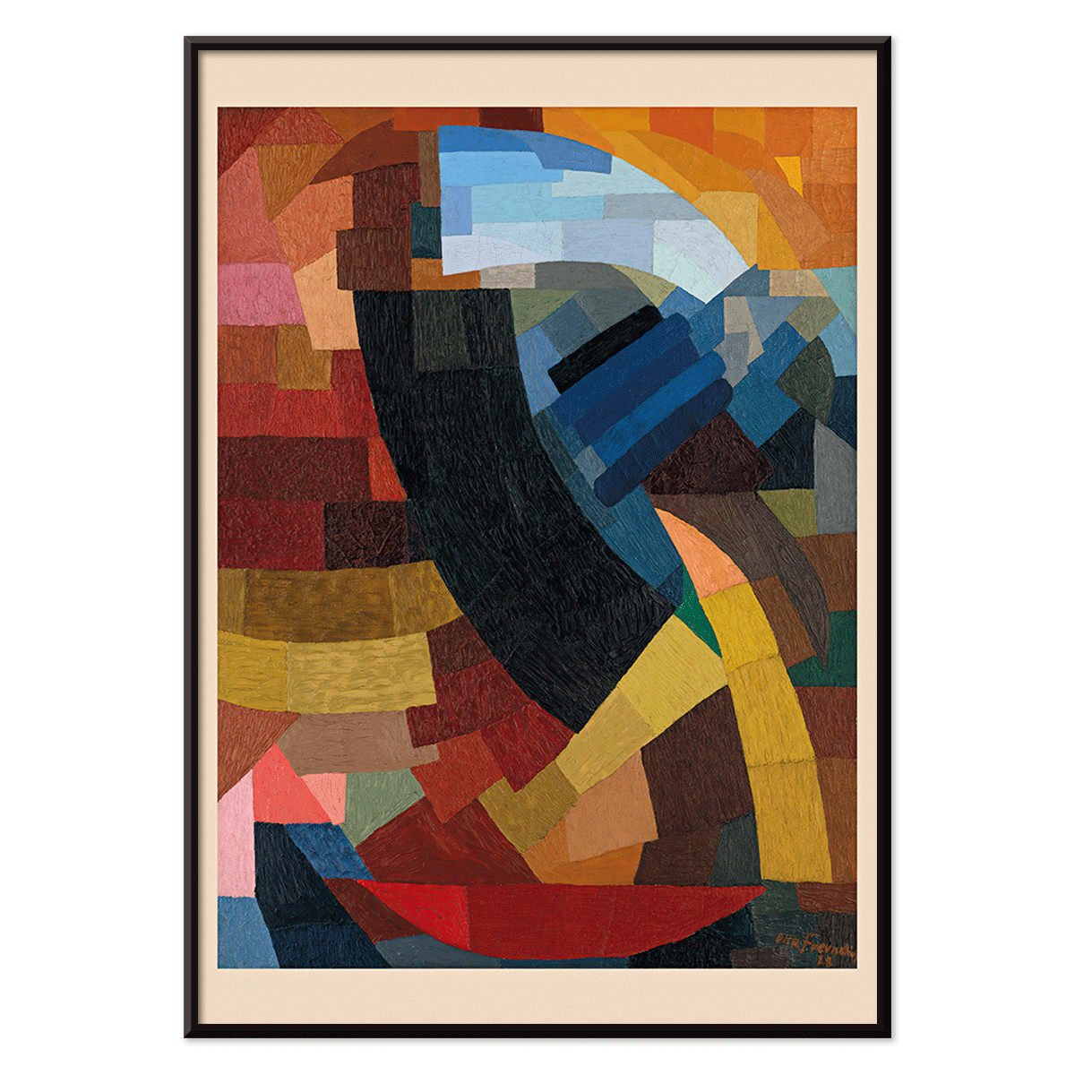 Abstract geometric composition and poster with vibrant colors and shapes from Fragments de figure a l ensemble des plans by Otto Freundlich, with black aluminium frame on white background