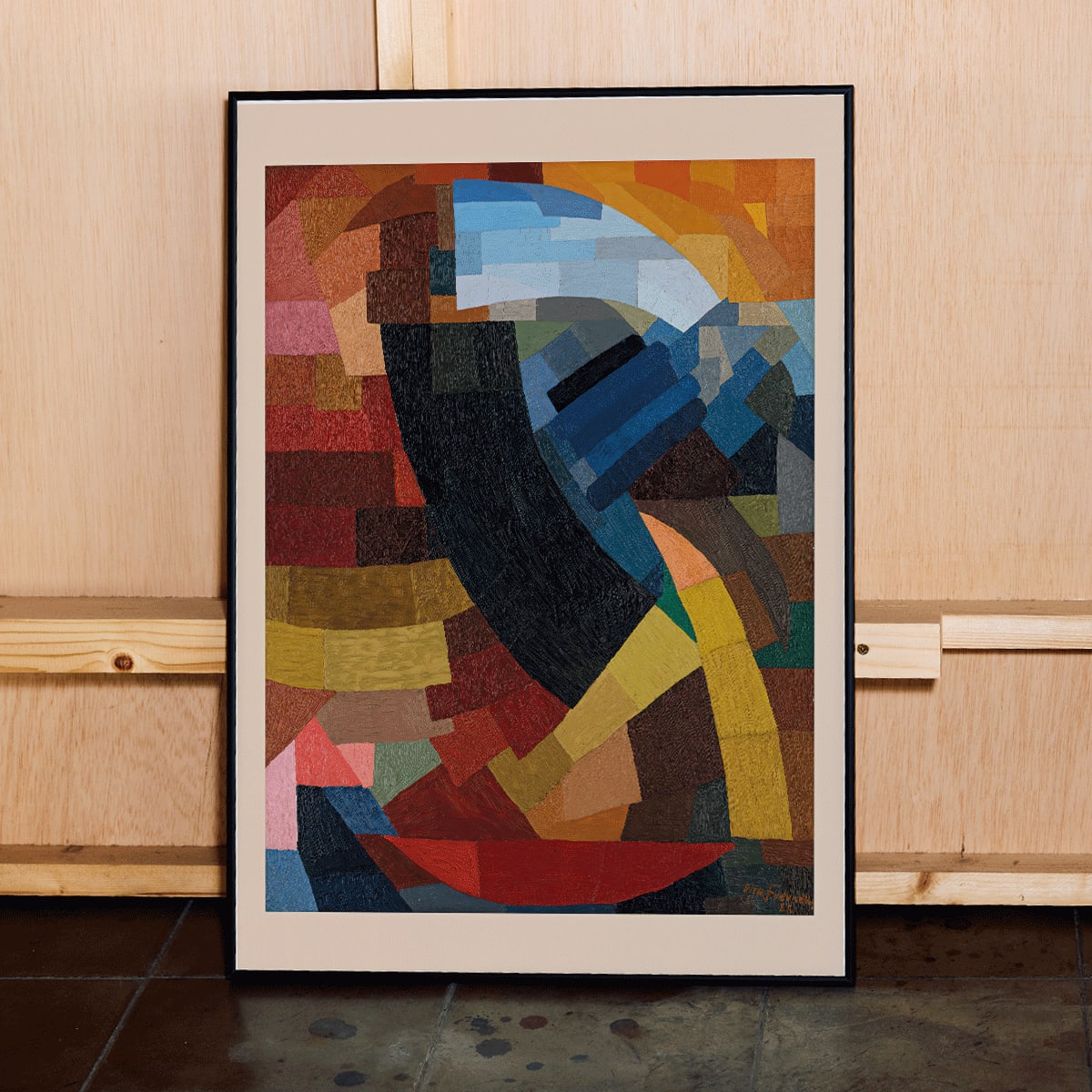 Abstract geometric composition and poster with vibrant colors and shapes from Fragments de figure a l ensemble des plans by Otto Freundlich, framed and displayed in home decor