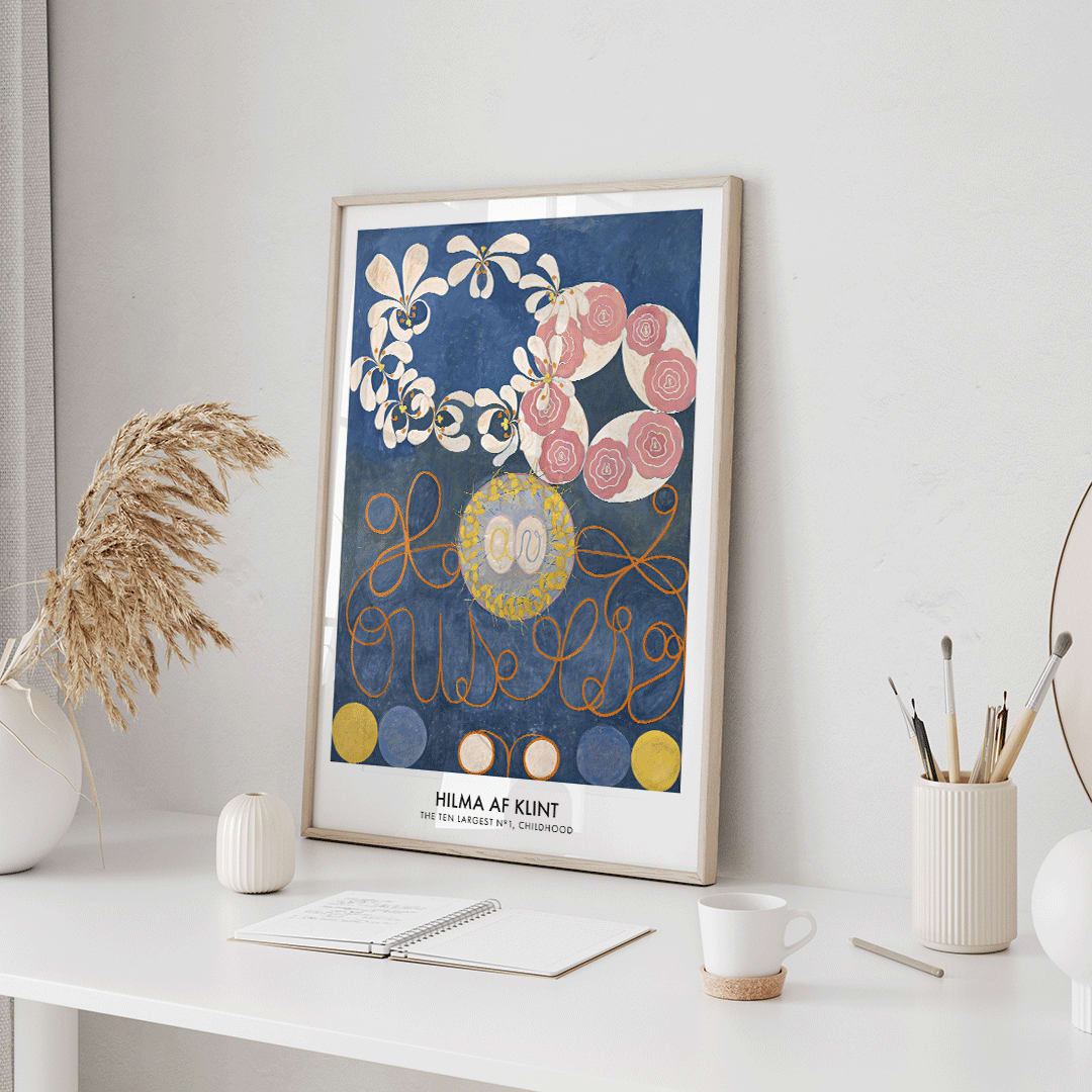 Abstract floral patterns and swirling shapes with vibrant colors on a blue background poster by Hilma af Klint Childhood Group IV, framed and displayed in home decor