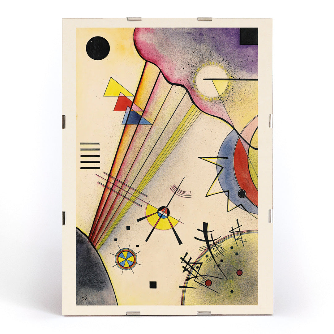 Abstract geometric art with colorful shapes and lines by Wassily Kandinsky titled Deutliche Verbindung Clear Connection, framed and displayed in modern living room decor