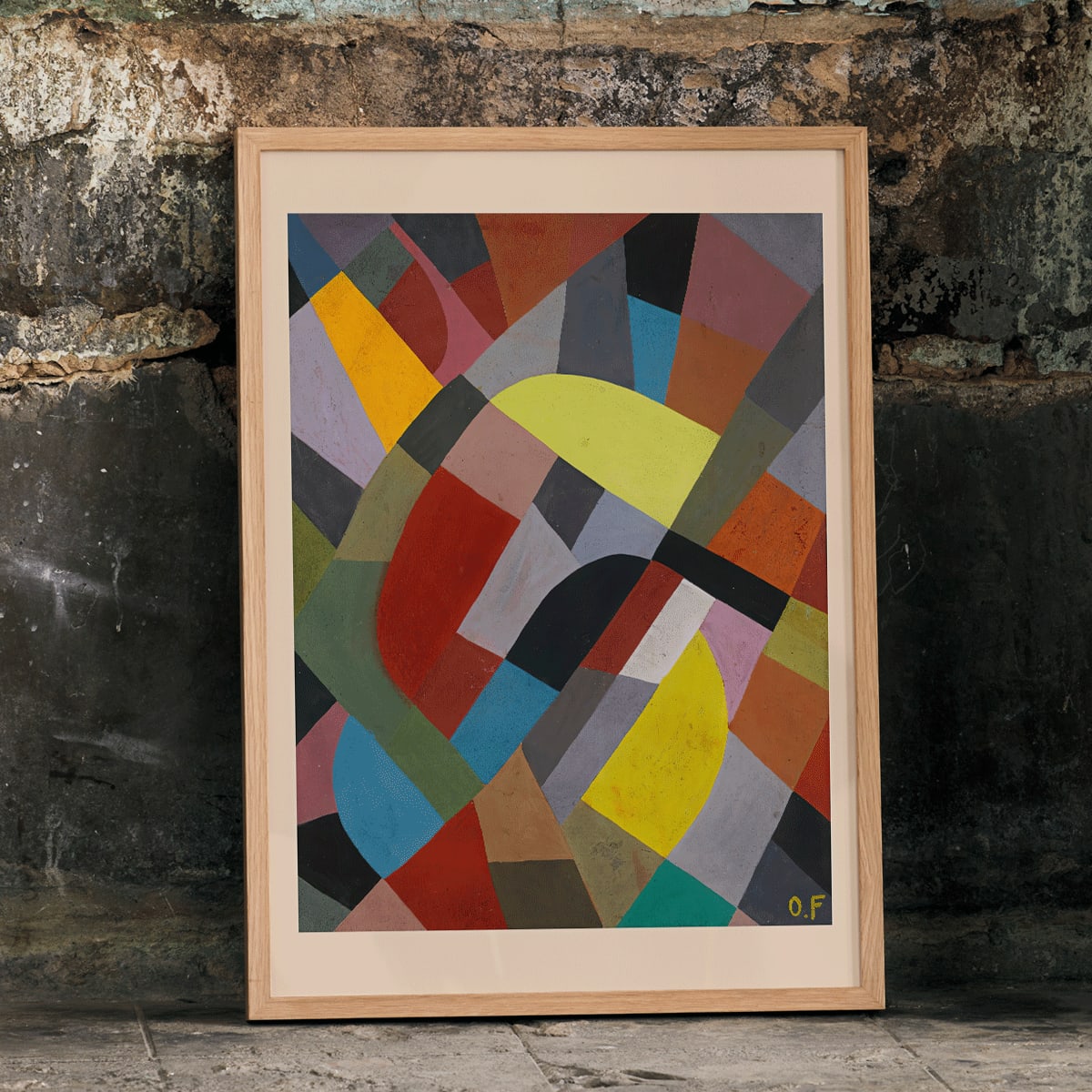 Colorful geometric abstract art poster Composition Abstraite by Otto Freundlich featuring intersecting shapes, framed and displayed in home decor