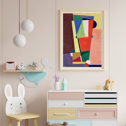 Abstract geometric shapes in vibrant colors inspired by Georges Valmier modern wall art poster suitable for contemporary decor, framed and displayed in home decor