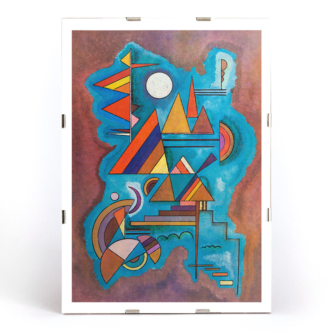 Abstract geometric shapes in vivid colors on blue watercolor background artwork Standing by Wassily Kandinsky, framed and displayed in modern living room decor