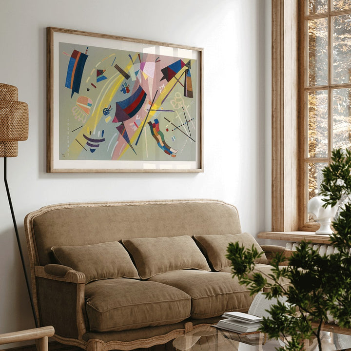 Abstract geometric shapes and vibrant colors inspired by Sans Titre by Wassily Kandinsky modern wall art decor poster, framed and displayed in home decor