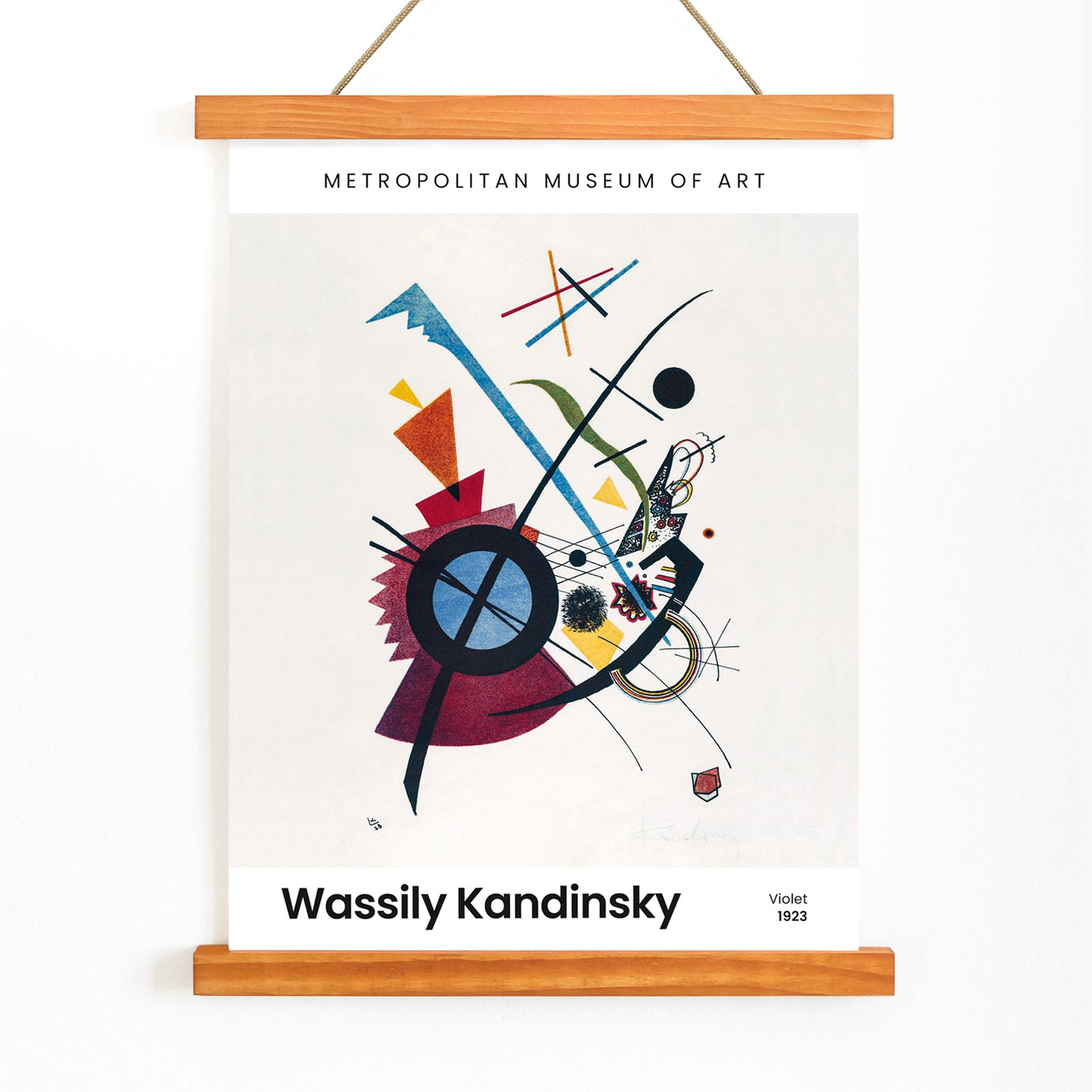 Abstract geometric art print with vibrant colors and shapes Violet by Wassily Kandinsky, with wooden magnetic frame on white background