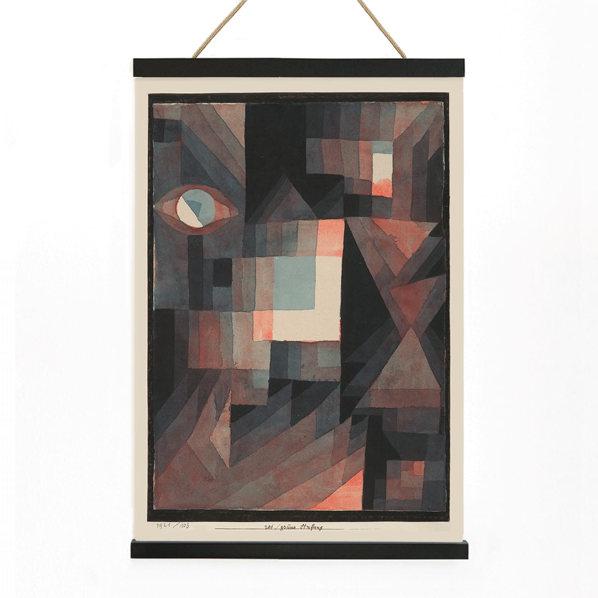 Geometric abstract painting in red and green with vertical patterns and shapes by Paul Klee titled Abstract Red and Green Gradation featuring an eye and cinnabar accents in vertical format, with wooden magnetic frame on white background