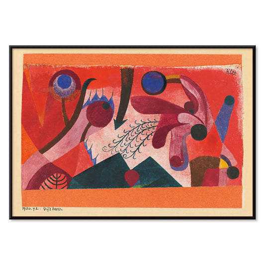 Vibrant abstract geometric art poster Poisonous Berries by Paul Klee featuring bold shapes and colors, with black aluminium frame on white background
