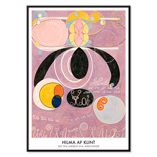 Abstract colorful pastel shapes and spirals artwork from The Ten Largest No 6 by Hilma af Klint poster, with black aluminium frame on white background