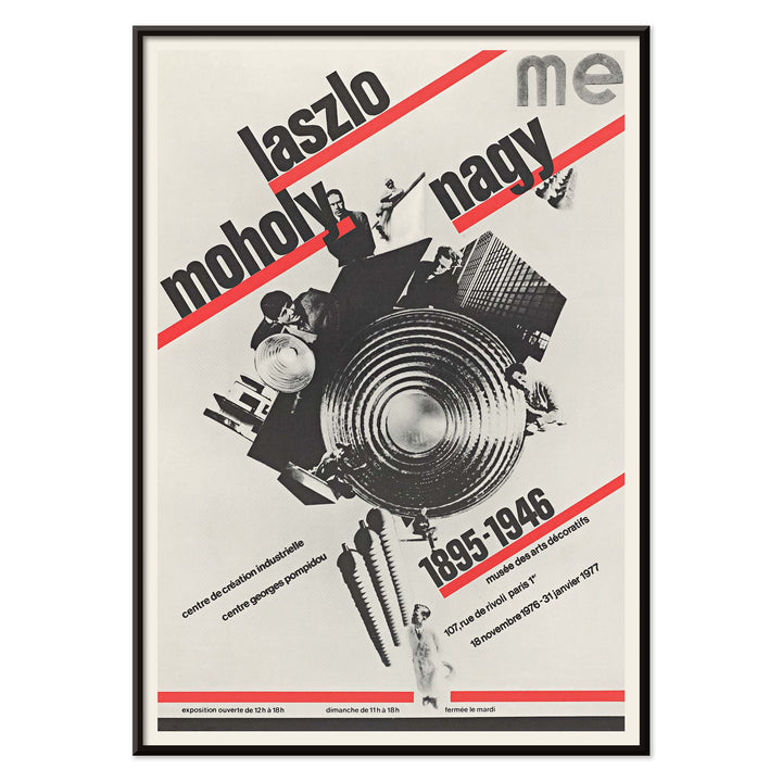 Roman Cieślewicz László Moholy-Nagy poster with bold typography red diagonal stripes and geometric collage, with black aluminium frame on white background