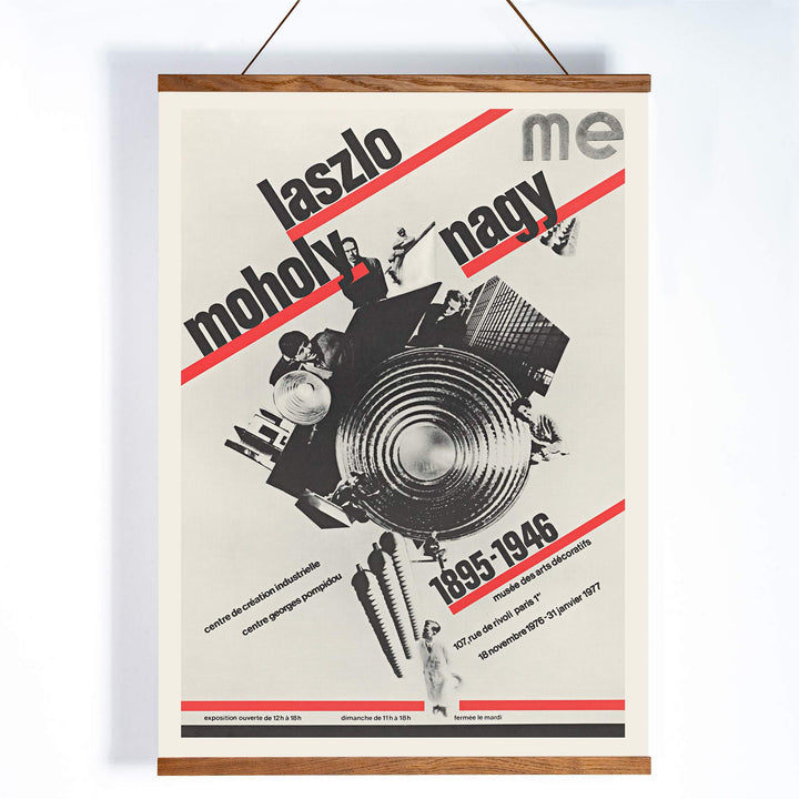 Roman Cieślewicz László Moholy-Nagy poster with bold typography red diagonal stripes and geometric collage, with wooden magnetic frame on white background