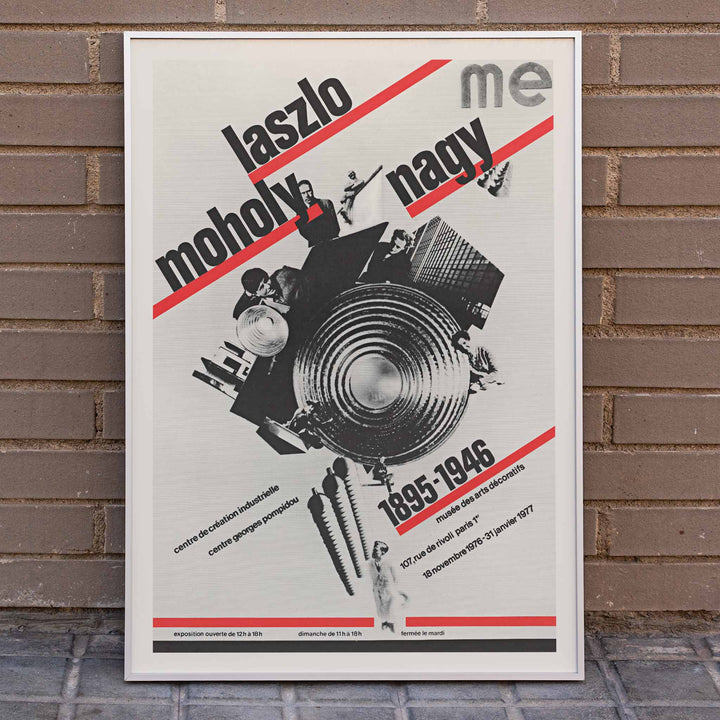 Roman Cieślewicz László Moholy-Nagy poster with bold typography red diagonal stripes and geometric collage, framed and displayed in home decor