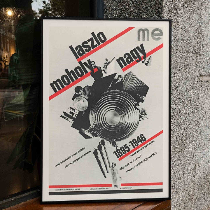 Roman Cieślewicz László Moholy-Nagy poster with bold typography red diagonal stripes and geometric collage, framed and displayed in modern living room decor
