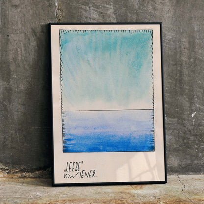 Abstract blue gradient watercolor art by Karl Wiener titled Leere minimalist poster featuring abstract shapes in blue tones modern decor, framed and displayed in home decor