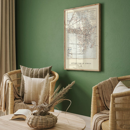 Antique map of Africa by Institute of Liepzig showing exploration routes geographic features and country names wall art poster, framed and displayed in home decor